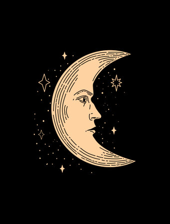 Illustration of the month in the starry sky. Hand-drawn celestial illustrations depicting the moon and stars. Design elements for decoration in modern style. magical drawings.のイラスト素材