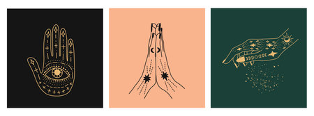 Set of linear vector illustrations. Hand-drawn magical hands. Design elements for decoration in modern style. Cursing hands. mystical elements.のイラスト素材