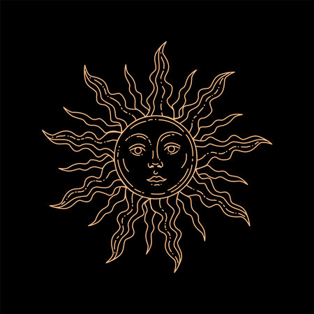 sun vector linear illustration. Hand drawn celestial illustrations. Design elements for decoration in modern style. magical drawings. Vector modern print.のイラスト素材