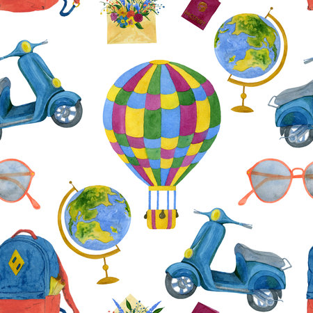 Watercolor seamless travel illustration. Pattern on a white background.の写真素材