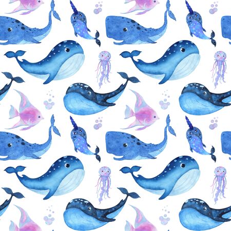 Watercolor seamless pattern underwater life. Hand made illustration on white background. For website design, postcards, textiles, wallpaper or print for kids.の写真素材