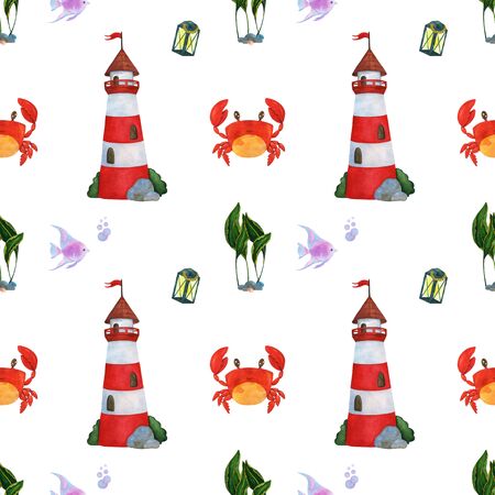 Watercolor seamless pattern with lighthouse crab and seaweed. Hand made illustration on white background. For packaging, textile or baby print design.の写真素材