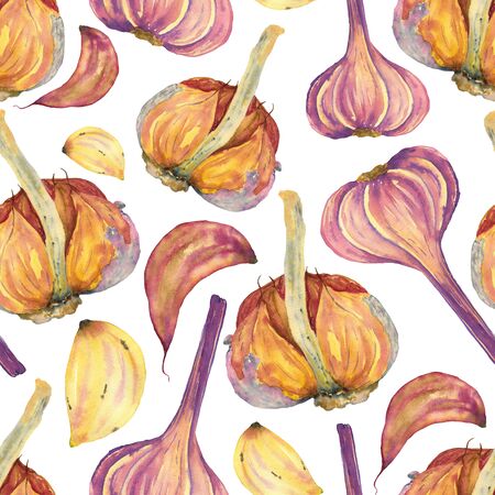 Garlic and its slices seamless pattern on a white background. Purple and beige watercolor garlic handmade illustration. For decoration of the restaurant menu, printing on fabric, postcards.の写真素材