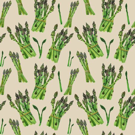 Asparagus on a beige background seamless pattern. Hand-made illustration. Hand-painted watercolor vegetables for menu design, postcards and fabric printing.の写真素材