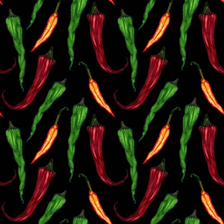 Seamless pattern hot chili peppers on a black background. Red and green peppers in watercolor. Manual illustration for menu design, cards, print on fabric.の写真素材