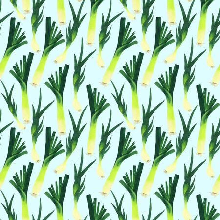 Leek and shallot in a seamless pattern. Watercolor green onions on a light blue background. Handmade illustration for the design of postcards, menu design, printing on fabric.の写真素材