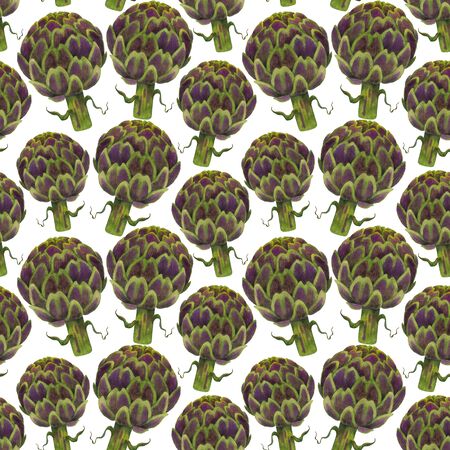Fresh green artichokes seamless pattern. Watercolor vegetables on white background. For printing on fabric and cards.の写真素材