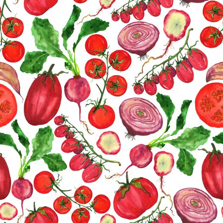 Fresh crop of red vegetables on a white background. Watercolor tomatoes and radishes in a seamless pattern.の写真素材