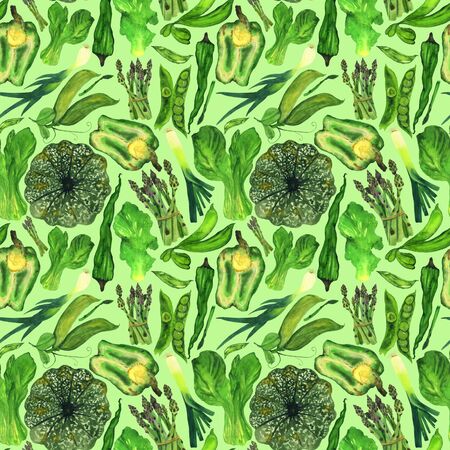 Harvest of fresh green vegetables on a light green background. Suitable for decorating textile decor.の写真素材