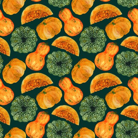 Pattern of pumpkins on a dark green background. Watercolor vegetables hand-drawing. For the design of home textiles, decorative paper, cards and other DIY projects.の写真素材