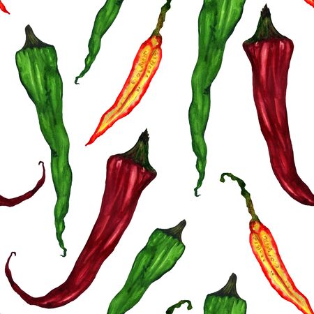 Green and red hot chili peppers. Watercolor vegetables in a pattern on a white background. Suitable for design and printing on fabric and paper.の写真素材