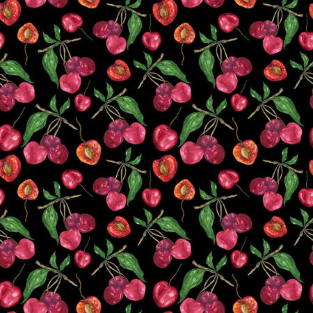 Watercolor cherry in a pattern on a black background. Manual illustration of sweet cherry slices and...