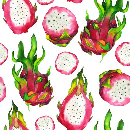 Watercolor dragon fruit in a pattern on a white background. Handmade illustration pitahaya seamless pattern. For printing on fabric, home decor, stationery design, greeting cards and more.の写真素材