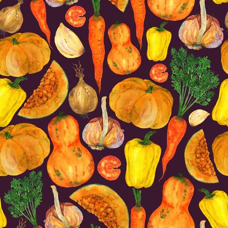 Watercolor vegetables orange color seamless pattern. Pumpkins, peppers, carrots handmade illustration on a purple background. For the design of stationery, clothing, home decor, napkins.の写真素材