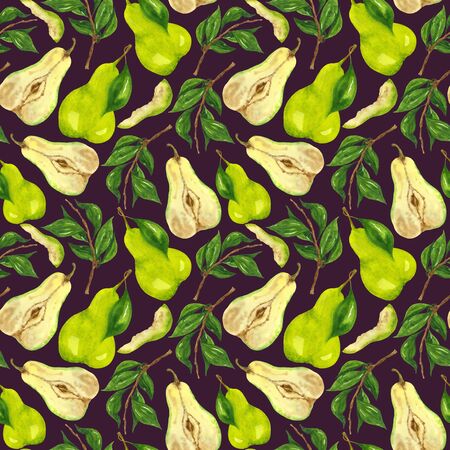 Watercolor pattern ripe green pear seamless pattern. Hand-drawing fruits on a purple background. For the design of notebooks, T-shirts, bags, textiles, napkins.の写真素材
