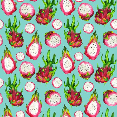 Dragon fruit watercolor pattern on a blue background. Seamless hand made pitahaya illustration. For fashion design, home decor, notebooks, cards.の写真素材