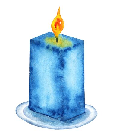 Burning blue candle watercolor isolated drawing. Illustration on a white background for design and print of cards, invitation, home decor.の写真素材