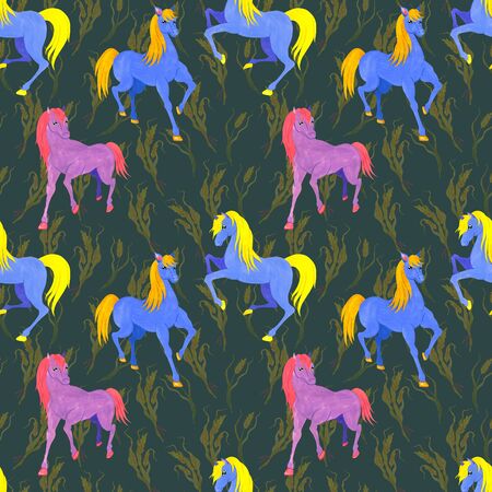 Blue and pink horses in an endless pattern on a dark background with wheat. Watercolor seamless illustration for the design of postcards, bedding, dresses.の写真素材