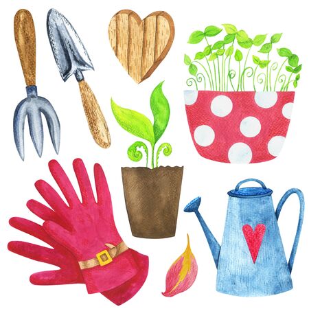 Gardening tools and seedlings watercolor set. Isolated illustration on a white background. To create compositions, cards, prints and decor.の写真素材