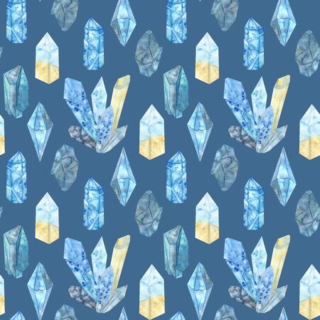 Pattern of watercolor mystical crystals. Blue, gray and beige stones on a blue background. Suitable for printing prints, stickers, cards.の写真素材