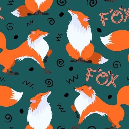 Cute red chanterelles on a green background. Raster graphic pattern: animals, lettering and elements. Suitable for printing fabrics, prints, cards, scrapbooking.の写真素材