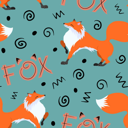 Raster illustration of a fox and abstract symbols. Original inscription fox. Drawing on a turquoise...