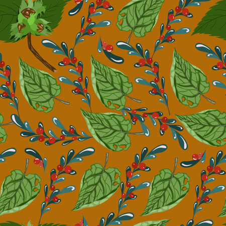 Raster illustration autumn forest. Green leaves, nuts and berries on an orange background. For...