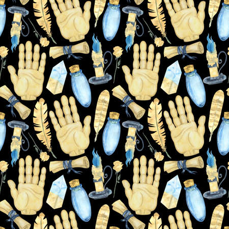 Watercolor drawing of items for mystical rituals. Seamless pattern in beige and blue colors. Suitable for creating postcards and printing Halloween prints.の写真素材