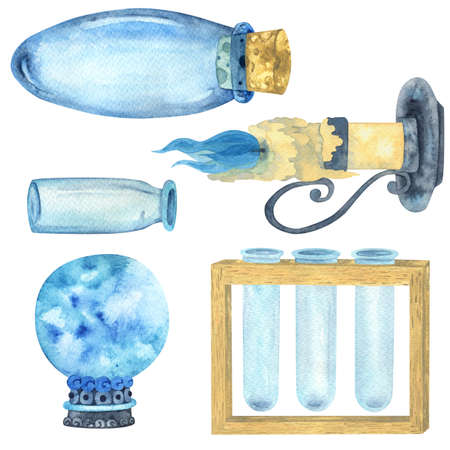 A set of glass magic items: ball, flasks. Watercolor drawing in blue and beige colors. Suitable for creating patterns, postcards, printing prints.の写真素材