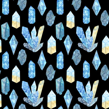 Pattern of watercolor crystal blue shades. Geometric shapes of stones and minerals. Drawing on a black background for printing prints, creating decor.の写真素材