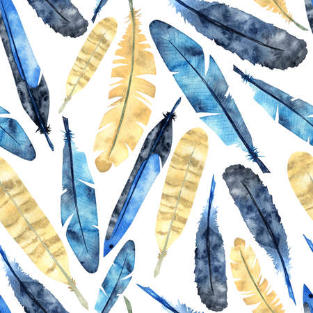 Bird feathers in blue and ocher colors. Airy and light watercolor pattern on a white background. For printing on fabrics, postcards, decor.の写真素材