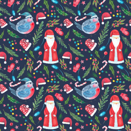 Santa Claus, bullfinches, mittens, New Year's elements on a dark background. Christmas watercolor...