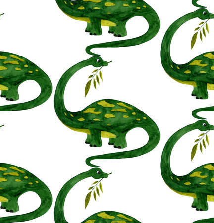 Cute big green dinosaur with a plant twig. Green diplodocus. Watercolor pattern on a white background.の写真素材