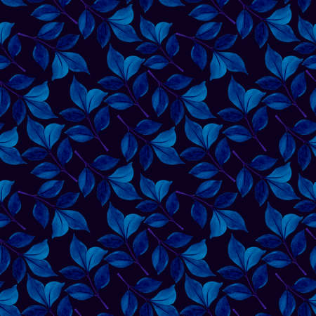 Blue branches on a dark background with a glow effect. Watercolor botanical drawing. Simple seamless pattern.の写真素材