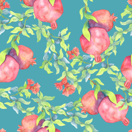 Seamless pattern of ripe pomegranates on branches and red flowers. Juicy fruits on a turquoise background. Watercolor botanical illustration. For postcards, prints, decor, websites.の写真素材