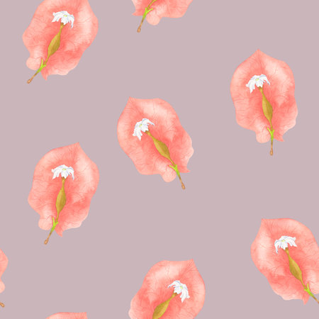 Exotic bougainvillea flowers with red bracts. Cute seamless pattern. Watercolor illustration for...