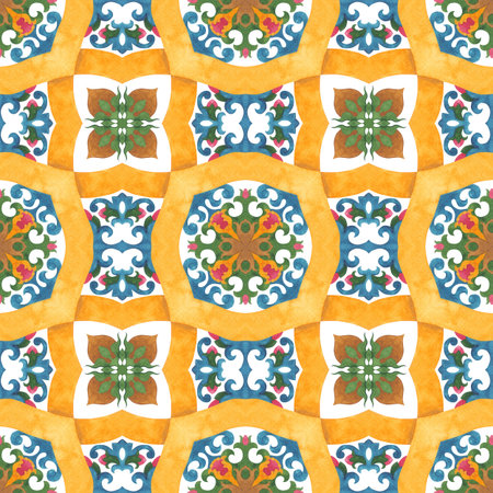 Geometric ornament with floral elements. Seamless watercolor pattern on a white background....