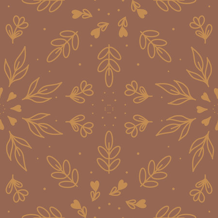 Flowers, twigs and hearts in the style of doodle. Circular seamless ornament. Hygge brown pattern....
