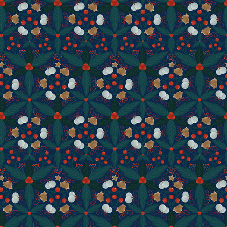 Geometric ornament with Christmas plants. Bells, Christmas tree decorations and red berries. Seamless pattern on a blue background.の写真素材