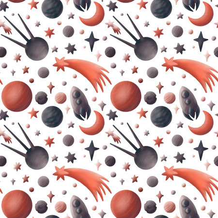 Spaceship among the stars and planets. Travel in endless space. Digital illustration, stylized...