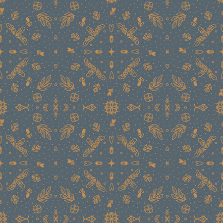 Autumn doodle ornament. Gold plants, flowers and symbols. Seamless pattern on a gray-blue...