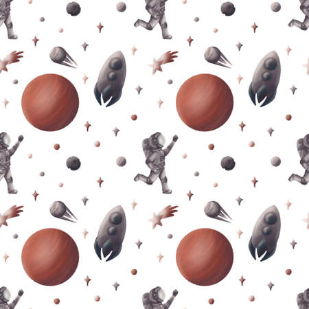 Astronaut among the stars, planets and satellites. Travel in endless space. Seamless pattern on a white background. Illustration for clothing, wallpaper, decor.の写真素材