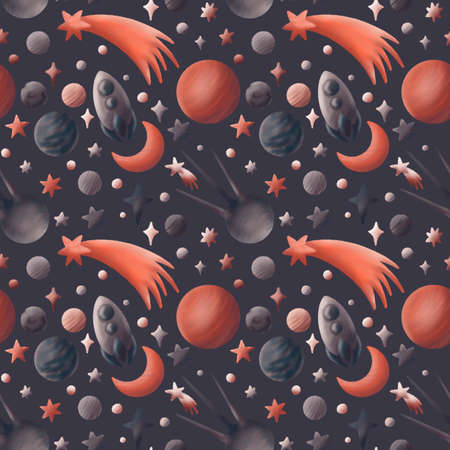 A spaceship among satellites, stars and planets. Space trip. Seamless pattern on a dark background. Illustration for fabrics, children's rooms, decor.の写真素材