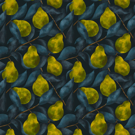 Green pears with dark blue leaves. Seamless pattern on a dark background. Fruit illustration for...