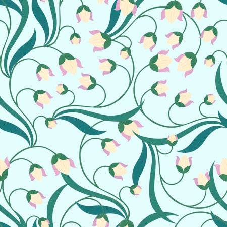 Watercolor blue lilies of the valley with green leaves. Delicate flowers on a blue background....