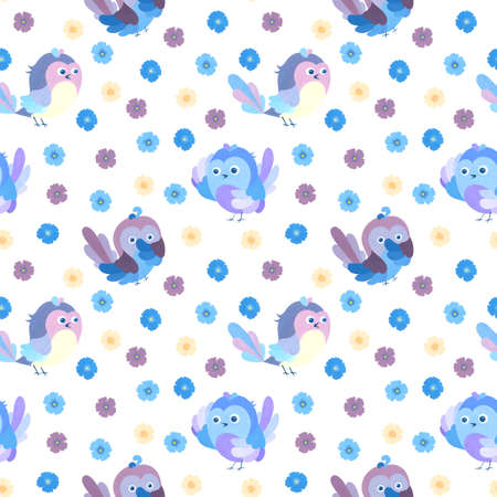 Cute lilac birds in a naive style. Small blue, lilac and beige flowers. watercolor seamless pattern. Illustration for children's clothing, prints, wallpaper.の写真素材