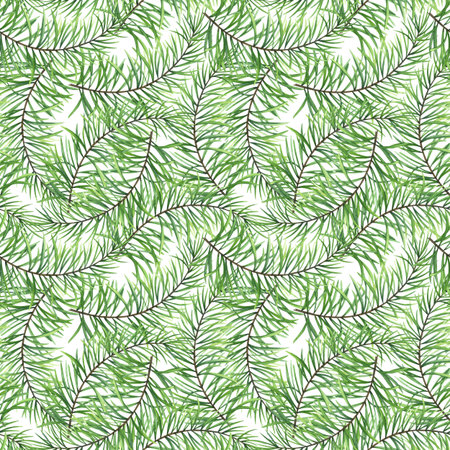 Watercolor branches of a pine tree. Green fluffy branches. Seamless pattern of evergreen plant on...