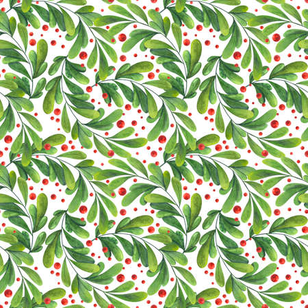 Watercolor leaves green with red berries. Bright greens with round red berries. Festive seamless pattern. woodland plants.の写真素材