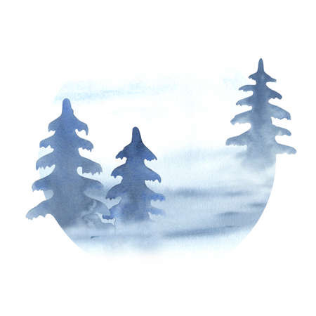 Gray-blue spruces. Foggy landscape. round postcard. New Year's composition. hand illustration. winter forest.の写真素材