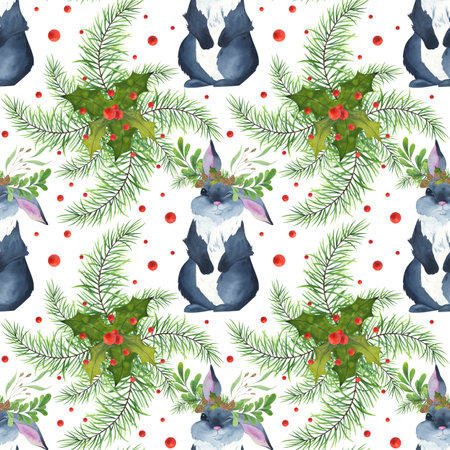 Cute bunny with a wreath on his head. Gray rabbit with Christmas plants. Holly, pinecones, pine branches, red berries. watercolor seamless pattern. Illustration for Christmas decor.の写真素材
